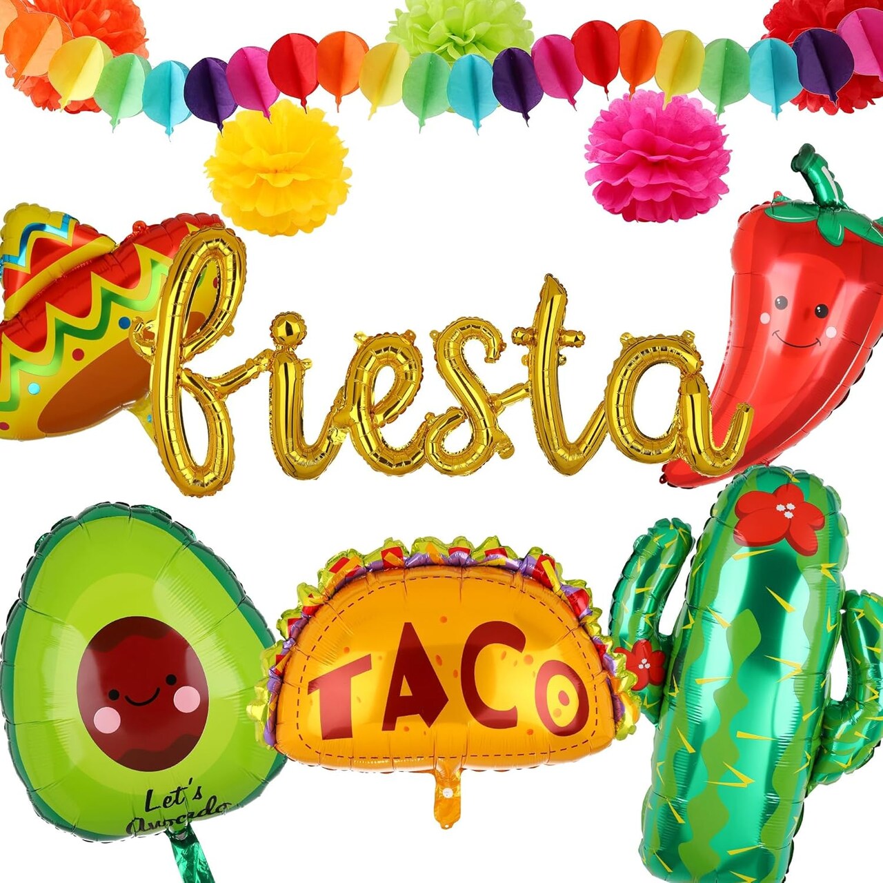 Fiesta Balloons Letter Banner Mexico Taco Llama Cactus Avocado Chili Pepper Mylar Balloon Birthday Mexican Fiesta Theme Cinco De Mayo Party Decor 13 Pcs Set